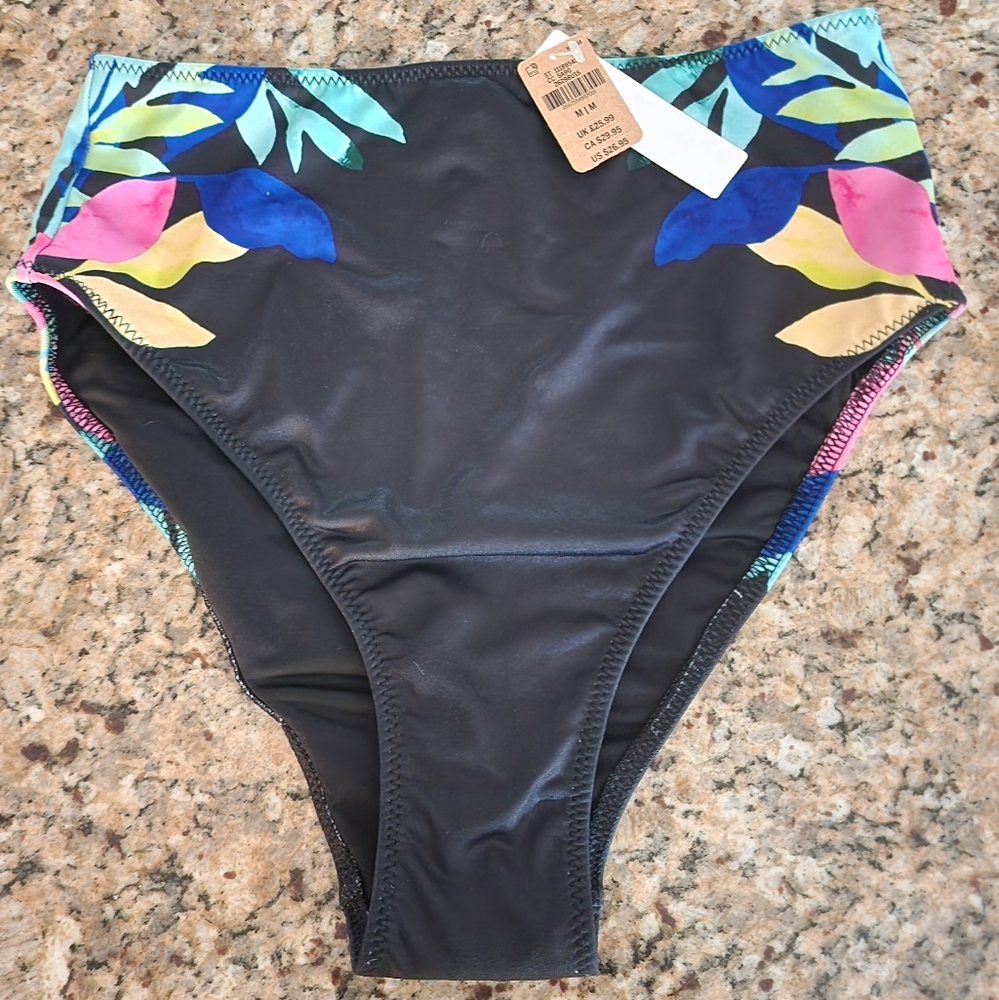 PINK Victoria's Secret Black W/ Tropical Print High Rise Swim Bottom|Size M|NWT